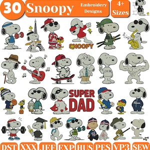 May include: A collection of 30 Snoopy embroidery designs featuring the character in various outfits and activities, including sports, music, and costumes. The image includes text labels like 30 Snoopy Embroidery Designs, 4+ Sizes, and file formats.