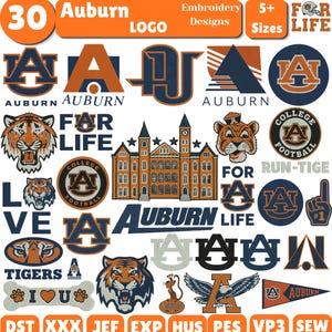 May include: A collection of 30 Auburn University embroidery designs in 5+ sizes, featuring the AU logo, tiger mascots, campus buildings, and text like AUBURN, FOR LIFE, and TIGERS. The graphics are rendered in navy blue and orange colors.