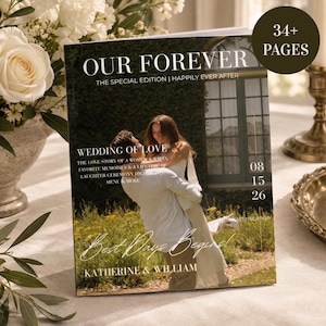 Puede incluir: Un libro de fotos de boda titulado OUR FOREVER THE SPECIAL EDITION | HAPPILY EVER AFTER con una pareja en un campo. La portada incluye el texto WEDDING OF LOVE, THE LOVE STORY OF A WOMAN & A MAN, 08 15 26, Best Days Begins!, y KATHERINE & WILLIAM.