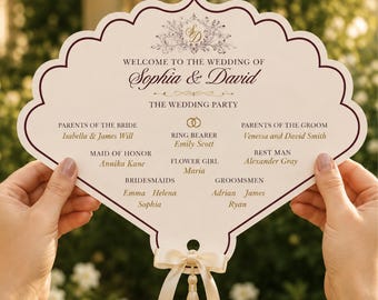 Old Money Wedding Program Fan Template, Burgundy Double Sided DIY Ceremony Fan, Wedding Timeline Canva