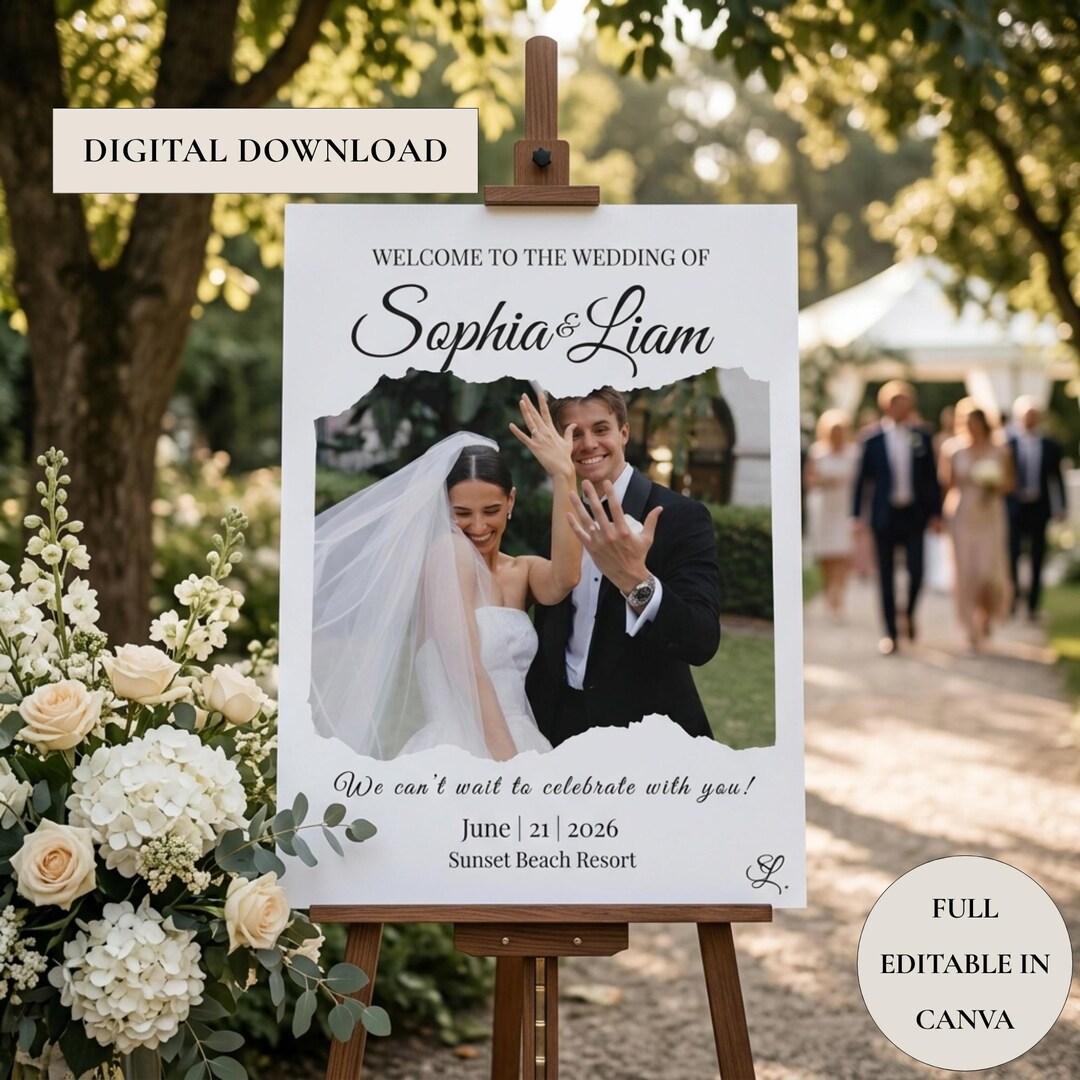 Editable Wedding Welcome Sign Template, Photo Insert, Minimalist Torn ...