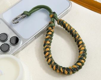 Handmade Camo Phone Wrist Strap, Braided Phone Lanyard, Camera Wrist Strap, Army Green & Orange Phone Strap