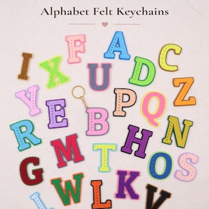 May include: A collection of colorful felt alphabet keychains featuring various letters in different hues including pink, blue, green, yellow, purple, and orange. Each letter has a stitched border detail and one letter B includes a metal keyring.
