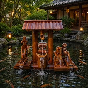 Könnte beinhalten: Ein Holzbrunnen im japanischen Stil. Der Brunnen hat ein kleines Dach, Bambusrohre und Wasserräder, wobei das Wasser in einen Teich fließt. Koi-Karpfen schwimmen im Wasser, und der Hintergrund umfasst ein traditionelles japanisches Gebäude und Grün.