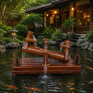 Könnte beinhalten: Ein Holzbrunnen im japanischen Stil. Der Brunnen verfügt über Bambuswannen und -eimer, wobei das Wasser in einen Teich fließt. Die Szene spielt in einer ruhigen Umgebung im Freien, mit Koi-Karpfen, die im Wasser schwimmen.