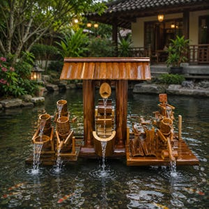 Könnte beinhalten: Japanisch anmutender Holzbrunnen. Der Brunnen verfügt über ein kleines Dach, Wasserräder und mehrere Ausläufe, die einen Kaskadeneffekt erzeugen. Der Brunnen befindet sich in einem Teich mit sichtbaren Fischen und üppigem Grün.