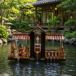 Op de afbeelding: Houten Japanse waterfontein met verschillende waterelementen, waaronder een waterrad en watervallen. De fontein staat in een vijver met een traditioneel Japans gebouw op de achtergrond. De fontein is gemaakt van hout en heeft een natuurlijke afwerking.