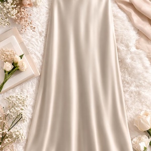 Puede incluir: Una falda larga de satén color crema con una ligera silueta en forma de A. La falda es suave y fluida, con un brillo sutil. La falda se muestra sobre una superficie blanca y esponjosa, con detalles florales.