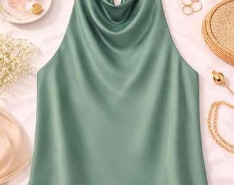 Satin Cowl Neck Halter Top, Elegant Sleeveless Summer Party Blouse