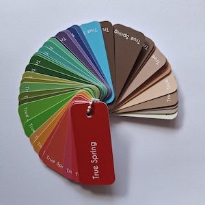 Puede incluir: Un abanico de paleta de colores con una etiqueta roja con la inscripción "True Spring". El abanico muestra una gama de colores, incluyendo verdes, azules, marrones y rosas. Cada muestra de color está etiquetada con "True Spring".