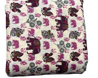 Elephant Print Cotton Fabric by the Yard, Indian Ethnic Design, Boho Animal Print Dress Material
