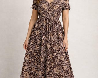 Boho Floral Maxi Dress for Women, Vintage Brown Cotton Long Dress, V Neck Cottagecore Dress,