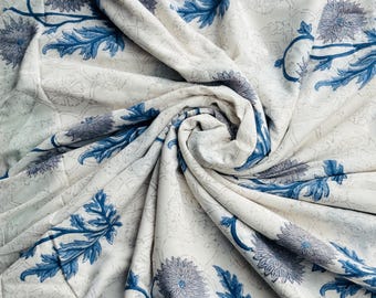 Blue Floral Cotton Printed Fabric - by the Yard Indian Botanical Print | White Floral Cotton for Dressmaking, Quilting, & Home Décor
