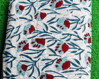 Blue Red Floral Cotton Printed Fabric - by the Yard Hand, Block Print Indian Floral Fabric | Boho Sewing & Dressmaking Fabric