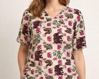 Elephant Print Boho Cotton Tunic, Indian Ethnic V-Neck Top