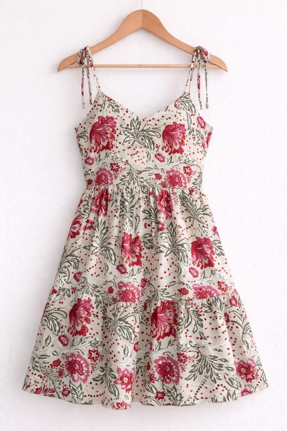 Handmade Floral Cotton Sundress, Boho Tie Strap Midi Dress