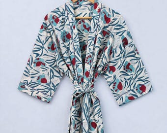 Hand Block Print - Floral Cotton Kimono Robe for Women - Lightweight Bath Robe | Boho Bridesmaid Dressing Gown