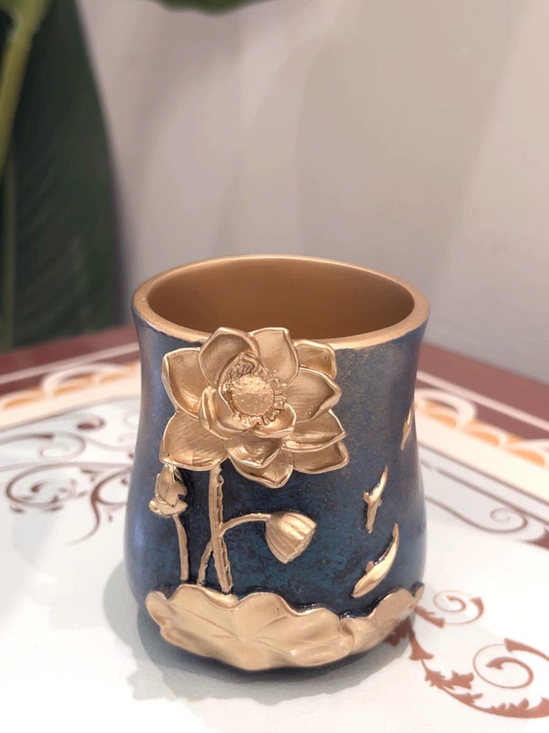 Embossed Gold Lotus Pencil Holder, Vintage Style Zen Desk Organizer - Etsy