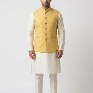 Saffron Gold Sequin-Infused Silk Waistcoat with Traditional Mandarin Collar