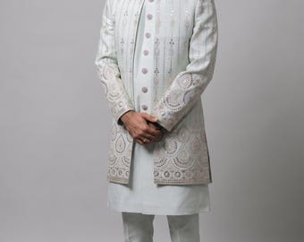 Mintgroene heren Indo-westerse sherwani geborduurde Indiase bruiloft bruidsjonkers Kurta-set