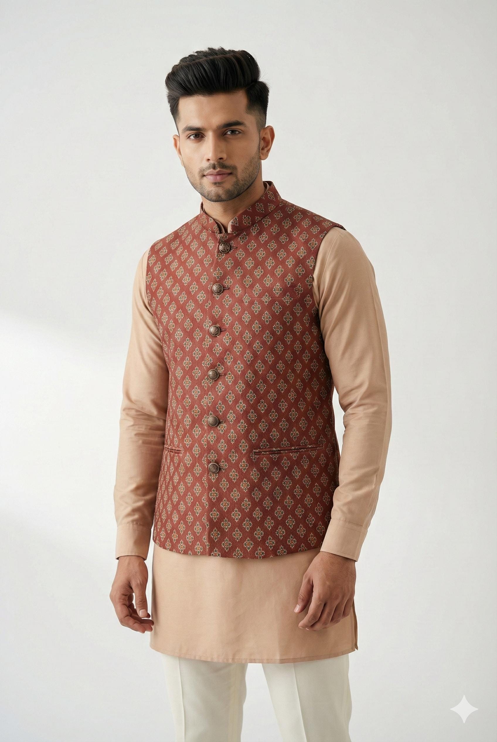 Rust Geometric Printed Art Silk Nehru Jacket with Mandarin Collar