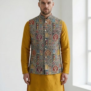 Chaqueta Nehru bordada, chaleco multicolor, ropa étnica india para bodas, kurta, chaleco Bundi