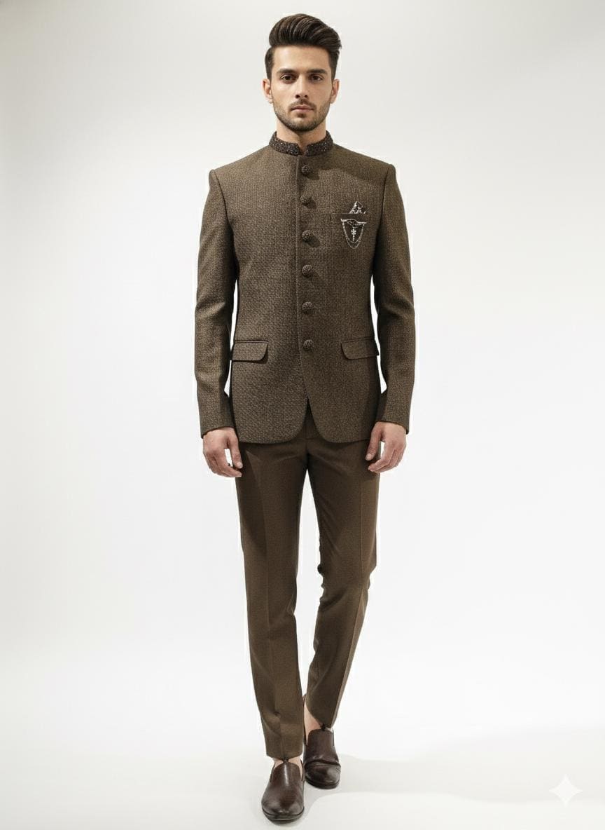 Brown Jodhpuri Suit for Men, Textured Bandhgala Wedding Suit, Indian Groom Ethnic Wear