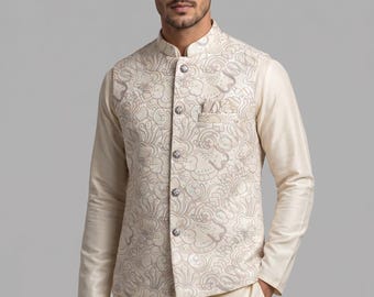 Giacca Nehru ricamata color avorio, gilet indiano da sposo, bandi per invitati al matrimonio, gilet etnico in seta