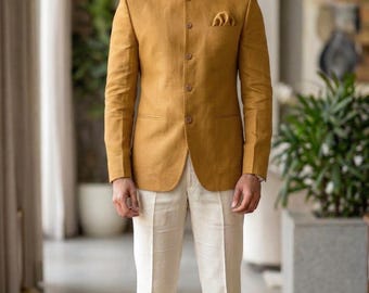 Camisa Jodhpuri de lino a medida para hombre / Blazer Bandhgala con cuello mandarín / Traje de invitado para boda india
