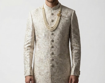 Ivory Silk Jacquard Sherwani Set Mens Wedding Clothing Indian Ethnic Groomsman Dress