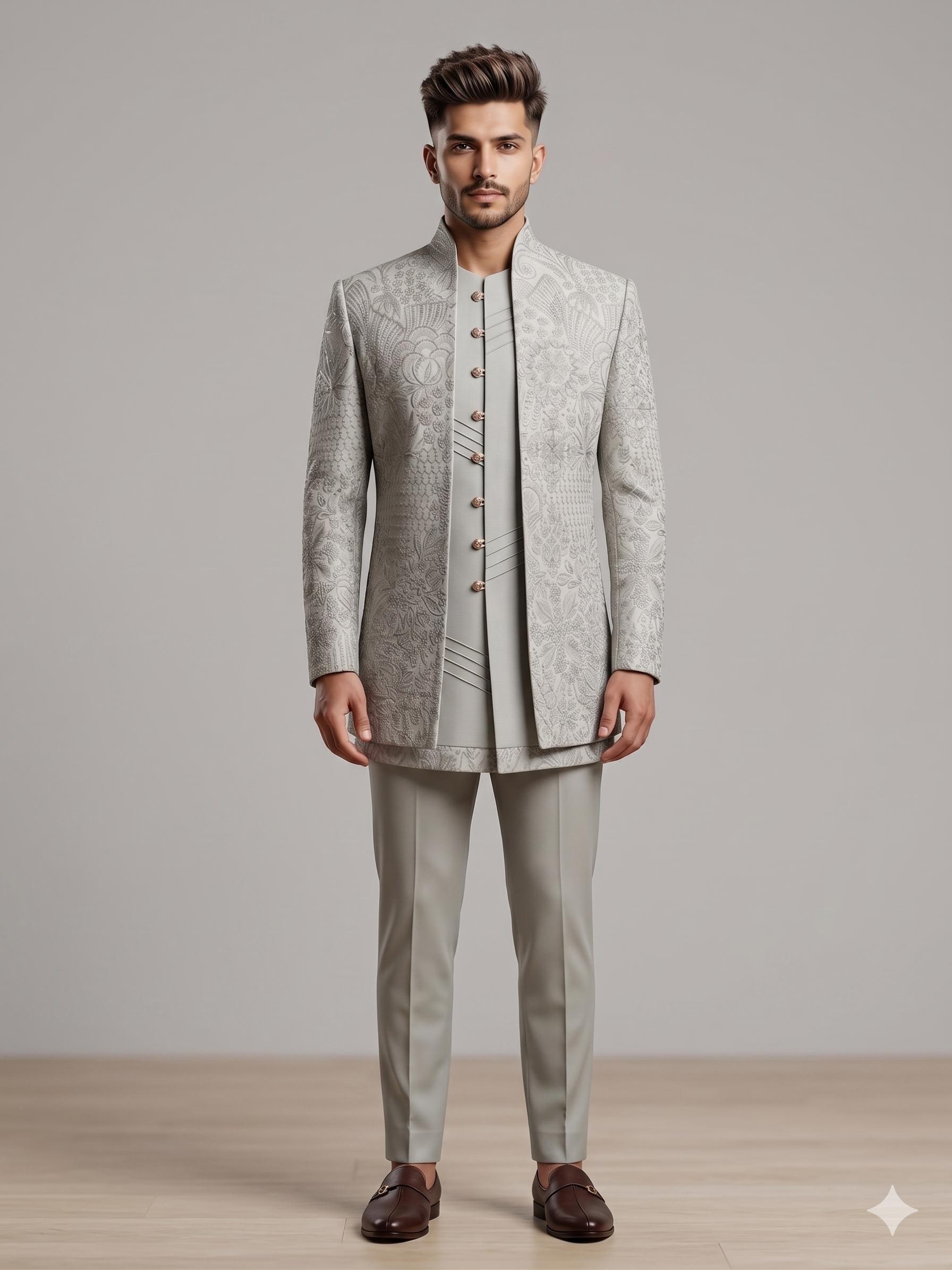 Jodhpuri Suit for Men Grey Embroidered Bandhgala Indian Wedding Groom Wear Ethnic Outfit