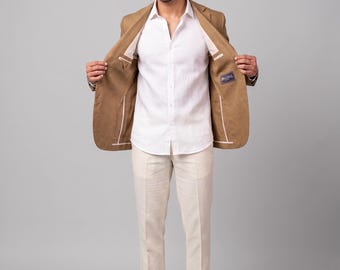 Blazer de lino para hombre, traje de boda de verano, ropa de novio india, abrigo hecho a medida.