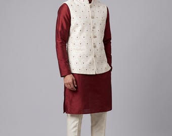 Chaqueta Nehru bordada para hombre, conjunto de Kurta color granate para boda india, chaleco blanco roto para novio.
