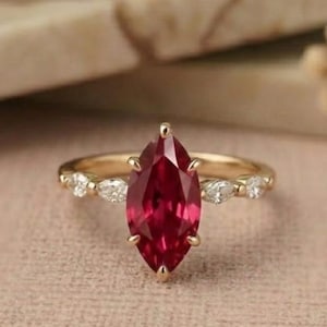 Marquise Cut Ruby Engagement Ring, Moissanite Cluster Promise Ring, Prong Setting Ring, Dainty Handmade Jewelry, Anniversary Gift For Her