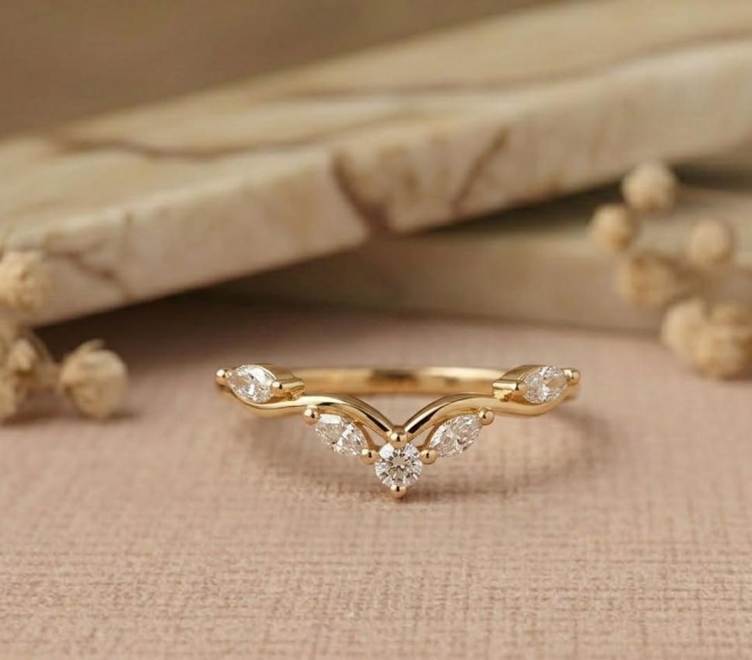 Unique Moissanite Curved Wedding Band Vintage Yellow Gold Diamond ...