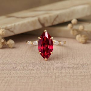 Marquise Ruby Engagement Ring, 14k Yellow Gold Red Gemstone Ring, Minimalist Cluster Ring, Dainty Marquise Cut Ruby Ring, Birthstone Jewelry