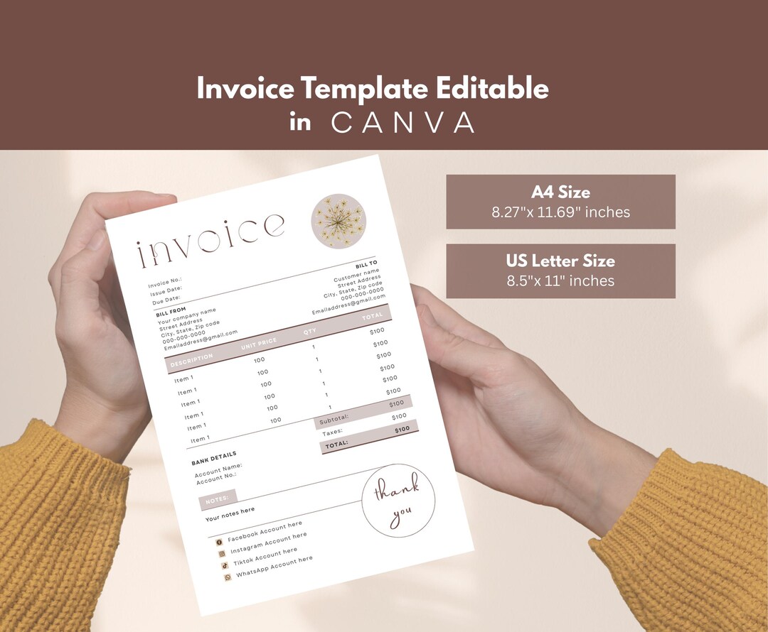 Editable Invoice Template | Canva Billing Form | Printable PDF | Small ...