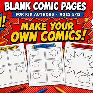 Könnte beinhalten: Comic-Seiten für Kinder mit Panels zum Erstellen von Comics. Das Cover zeigt "Blank Comic Pages" und "Make Your Own Comics!" mit Sprechblasen "Pow!" und "Bang!". Enthält 20 Seiten mit 4-Panel-, 6-Panel- und Splash-Page-Layouts.
