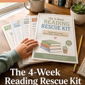 Könnte beinhalten: Ein Stapel gedruckter Seiten mit dem Titel The 4-Week Reading Rescue Kit, in grüner und blauer Farbgebung, mit Illustrationen von gestapelten Büchern und einer Topfpflanze sowie Text für Kinder im Alter von 7 bis 12 Jahren.