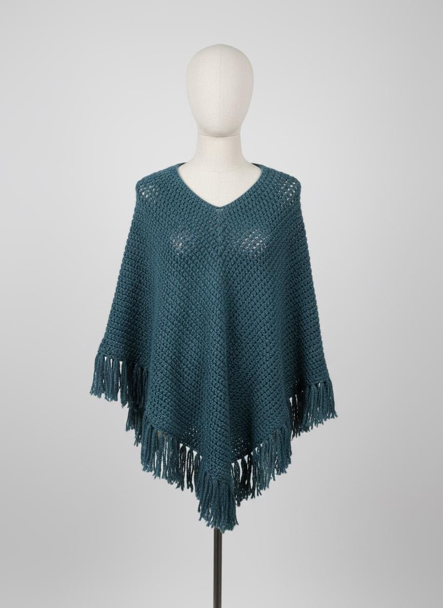 Poncho Femme Texas Body Hangings, Vert à Carreaux, Laine, Vintage, Taille Unique
