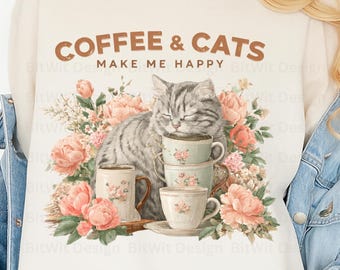 Vintage Floral Cat Coffee Lover PNG (Digital Download)