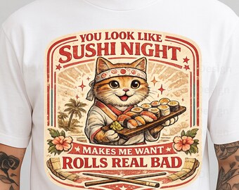 Sushi Night PNG Funny Cat Design, Cute Sushi Lover Shirt Graphic, Japanese Food Clipart for Sublimation Mug Sticker Gift