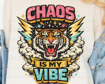 Tigre Rugiente: El Caos es mi Estilo PNG, Diseño de Camiseta Retro Vintage (Descarga Digital)
