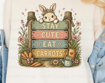 Lindo conejito PNG, diseño de camiseta "Mantente lindo, come zanahorias", imágenes prediseñadas de conejo kawaii, gráfico de conejito divertido, PNG para sublimación