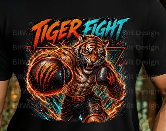PNG de boxeo de tigre, diseño de camiseta de tigre luchador, clipart de animal boxeador agresivo, gráfico de deportes de combate, PNG de sublimación