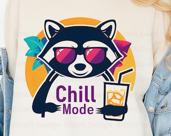 Chill Mode Raccoon PNG, Funny Summer Animal Shirt Design, Cute Raccoon with Drink Graphic for T-Shirt Sublimation Gift