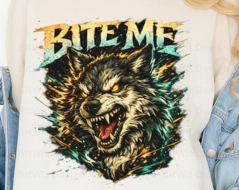 Muérdeme, lobo PNG, diseño de camiseta con cabeza de lobo feroz, imágenes prediseñadas de animales agresivos, gráfico de lobo enojado, PNG para sublimación