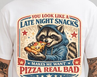 Late Night Snacks PNG Funny Raccoon Pizza Design, Humor Food Shirt Graphic, Cute Animal Sublimation for T-Shirt Sticker Mug
