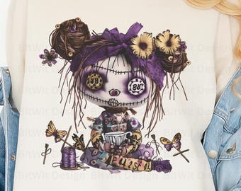 Creepy Rag Doll PNG, Gothic Sewing Girl Design, Spooky Dark Art (Digital Download)