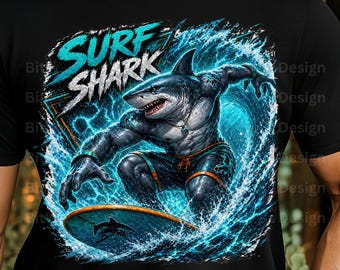 Tiburón surfista PNG, diseño genial de camiseta de tiburón surfista, imágenes prediseñadas de verano en la playa, gráfico de estilo de vida oceánico, PNG de sublimación